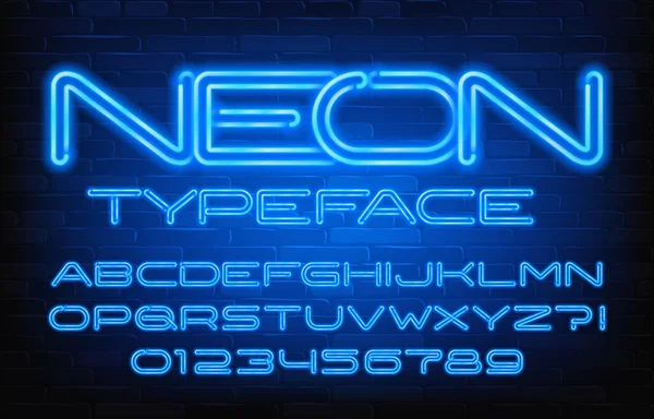 Neon Alfabe Yazı Tipi Mavi Neon Renkli Harfler Sayılar Tuğla — Stok Vektör