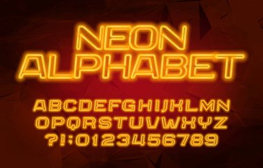 Neon alfabe yazı tipi. Sarı neon renkli harfler ve sayılar. Soyut arkaplan. Tasarımınız için stok vektör tipi.