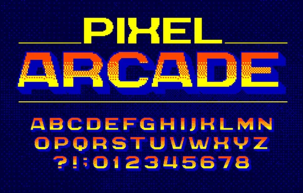 Pixel Arcade Alfabeto Fuente Gradiente Digital Letras Números Fondo Píxeles — Vector de stock