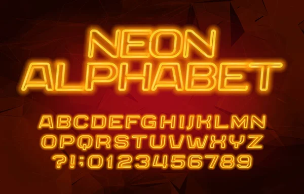 Alfabet Neonowy Żółte Neonowe Litery Cyfry Abstrakcyjne Tło Pismo Wektorowe — Wektor stockowy
