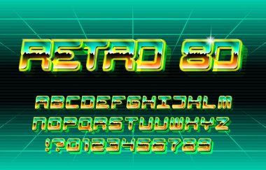 Retro 80 alfabe yazı tipi. Canlı renkli harfler ve sayılar. Tipografi tasarımınız için 80 'ler biçiminde stok vektör tipi.