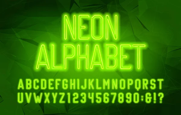 Fonte Alfabeto Néon Letras Números Cor Néon Verde Fundo Abstrato — Vetor de Stock