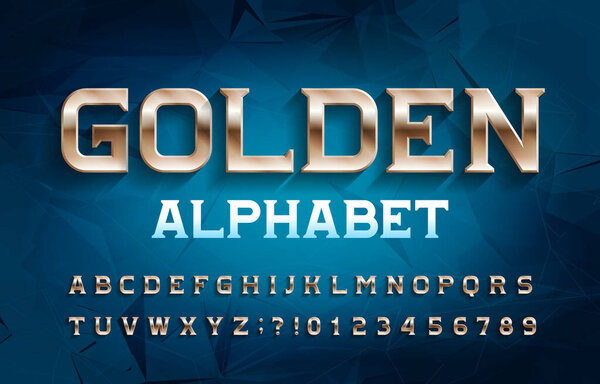 Golden alphabet font. Metal effect serif letters and numbers. Abstract background. Stock vector typescript for your typography design.