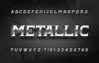 Metallic alphabet font. 3D chrome effect letters and numbers with shadow. Polygonal background. Stock vector typeface for your typography design.