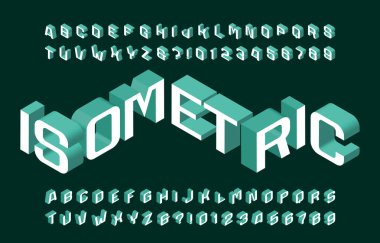 İzometrik alfabe yazı tipi. 3D geniş harf ve sayıları etkiler. Tipografi dizaynınız için stok vektör tipi.