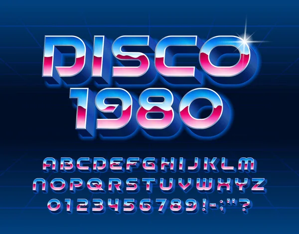 ディスコ1980アルファベットフォント 80年代のスタイルで3D文字や数字を成長させる タイポグラフィのデザインのためのストックベクトル型スクリプト — ストックベクタ