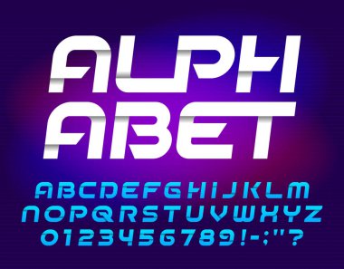 Soyut alfabe yazı tipi. Belirsiz geometrik harfler ve sayılar. Renk değişikliği kolay. Tipografi dizaynınız için stok vektör tipi. Bulanık arkaplan.