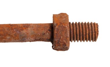 Paslı cıvata bir somun parçası. Beyaz arka plan üzerinde izole