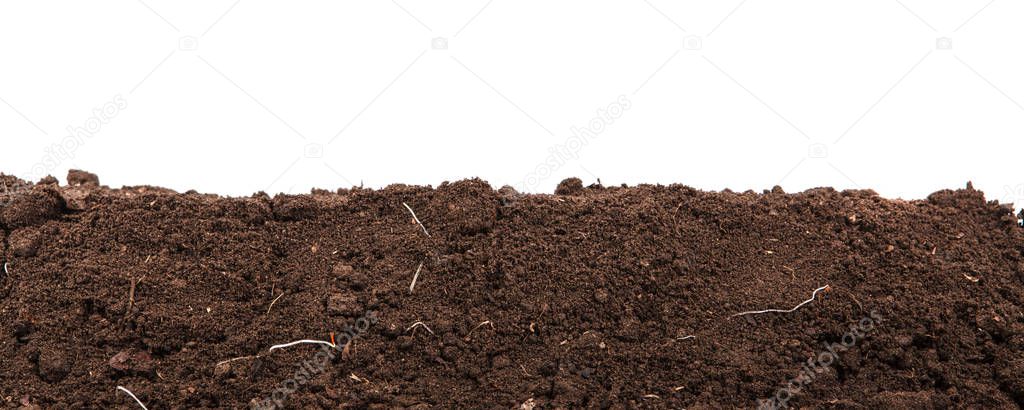 Handful of dark brown soil isolated on white background