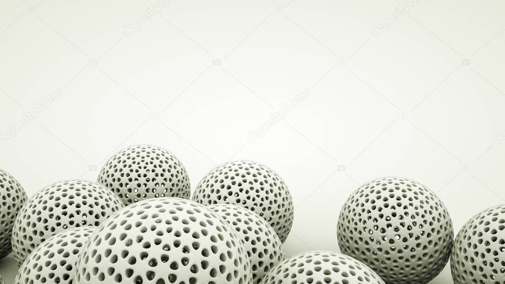 White three-dimensional openwork spheres background. 3d renderin
