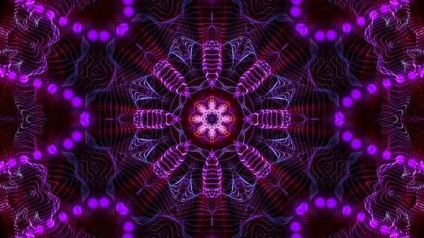 Kaleidoscope patterns of purple round luminous particles. abstra — Stock Photo, Image