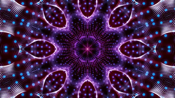 Kaleidoscope patterns of purple round luminous particles. abstra — Stock Photo, Image