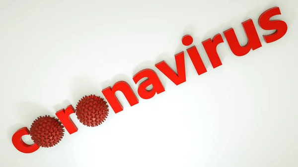 Palavra Coronavírus Modelo Tridimensional Vírus Num Fundo Branco Renderização Ilustração — Fotografia de Stock