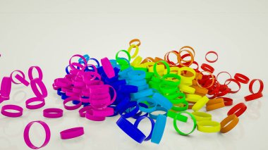 Çok renkli, üç boyutlu halkalar. gökkuşağı arka planı. 3d resimleme