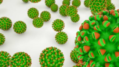 Beyaz arka planda virüsün birçok üç boyutlu modeli var. Koronavirüs salgını konsepti. 3d resimleme.