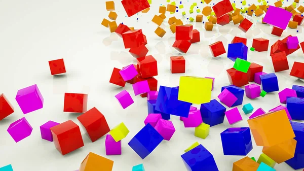 Cubos Tridimensionales Multicolores Dispersos Sobre Fondo Blanco Ilustración Renderizado — Foto de Stock