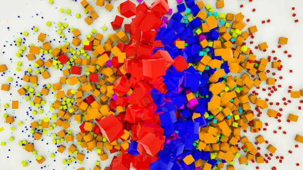 Cubos Tridimensionais Multicoloridos Espalhados Fundo Branco Renderizar Ilustração — Fotografia de Stock