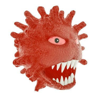 Beyaz arka planda gözü ve ağzı olan stilize bir virüs modeli. Koronavirüs salgını konsepti. 3d resimleme