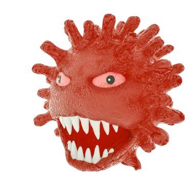 Beyaz arka planda gözü ve ağzı olan stilize bir virüs modeli. Koronavirüs salgını konsepti. 3d resimleme