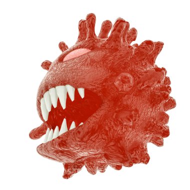 Beyaz arka planda gözü ve ağzı olan stilize bir virüs modeli. Koronavirüs salgını konsepti. 3d resimleme