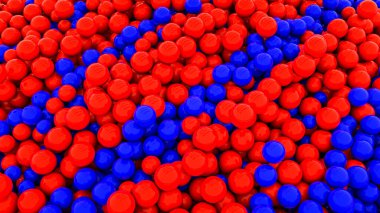 Beyaz arka planda kırmızı ve mavi parlak küreler. 3d resimleme