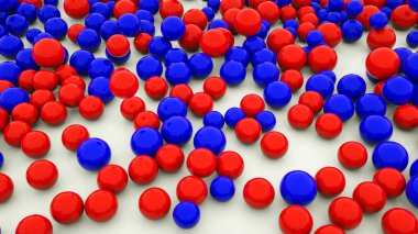 Beyaz arka planda kırmızı ve mavi parlak küreler. 3d resimleme