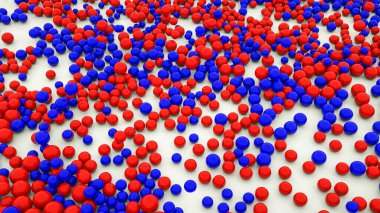 Beyaz arka planda kırmızı ve mavi parlak küreler. 3d resimleme