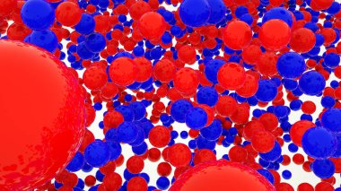 Beyaz arka planda kırmızı ve mavi parlak küreler. 3d resimleme