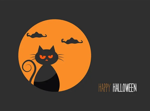 Tarjeta de Halloween con una silueta de un gato malvado en el fondo la luna — Vector de stock