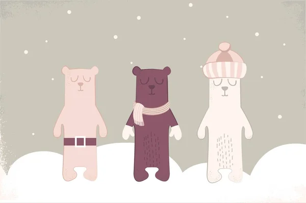 Kartu Natal tiga beruang kutub dengan syal . - Stok Vektor