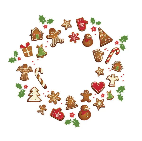 Gingerbread cookies set arranged in as holiday round frame — Stock Vector