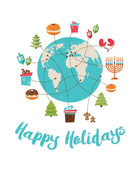 Καλά Χριστούγεννα και ευτυχισμένο hanukkah. παγκόσμια γιορτή — Διανυσματικό Αρχείο