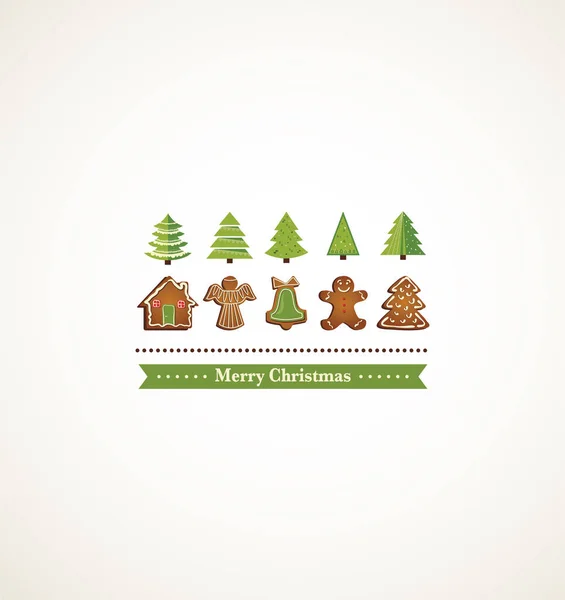 Glückliche Weihnachtskarte mit Weihnachtsbäumen und Lebkuchen — Stockvektor