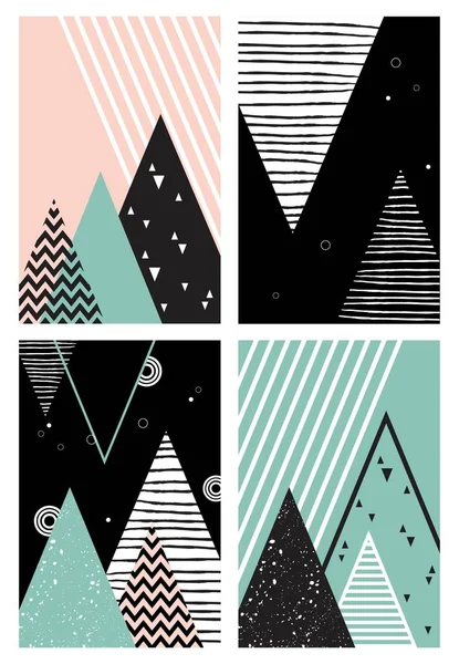Schéma géométrique abstrait scandinave avec montagnes, arbres et triangles . — Image vectorielle