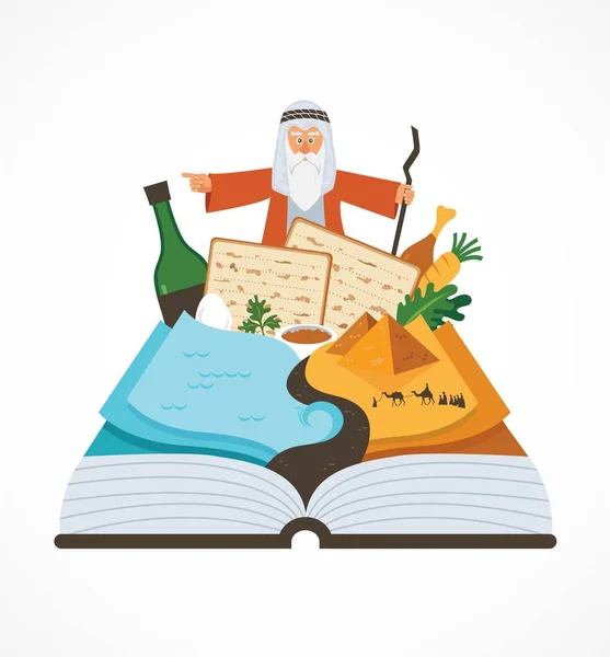 Abstrakta påsk sagobok haggadah över traditionell mat och Mozes — Stock vektor