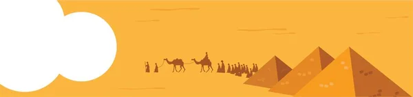 Web banner. Ομάδα ατόμων με τροχόσπιτο καμήλες ιππασίας σε ρεαλιστικό επίπεδο έρημο άμμο στη Μέση Ανατολή. Επεξεργάσιμο και Vector εικονογράφηση — Διανυσματικό Αρχείο