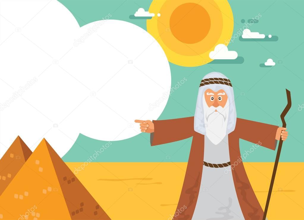 Moses from Passover story and Egypt pyramid landscape. vector illustration card