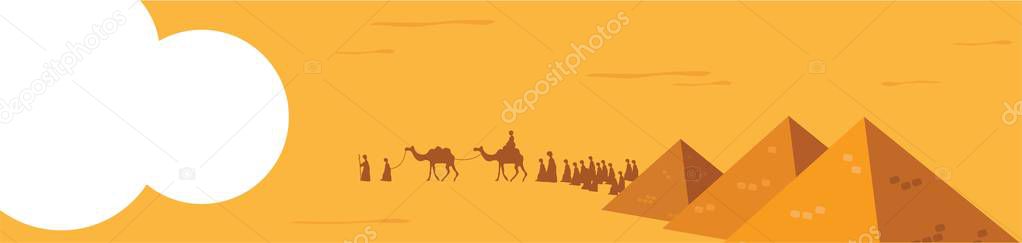 web banner. Group of People with Camels Caravan Riding in Realistic Wide Desert Sands in Middle East. Editable Vector Illustration