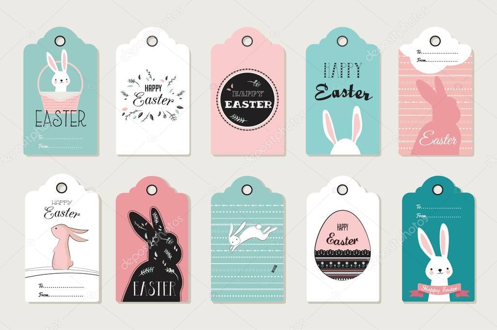 Easter tag collection with bunnies and Easter eggs. Happy Easter vector illustration