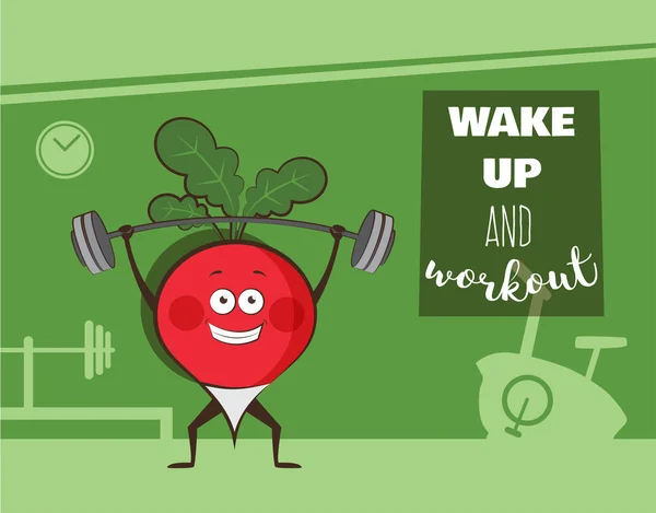 快乐的萝卜在健身房锻炼的海报。健康的生活方式激励海报. — 图库矢量图片
