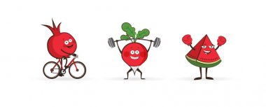 Meyve ve sebze spor yapıyor kümesi. illüstrasyon izole beyaz arka plan üzerinde. Şirin ve odaklanmış meyve ve sebze karakterler