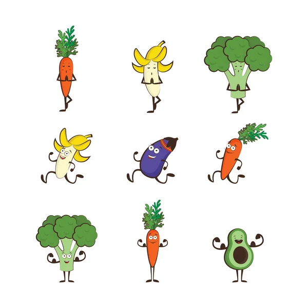 Conjunto de frutas y verduras haciendo deporte-aguacate, zanahoria, plátano, berenjena, brócoli, ilustración vectorial de dibujos animados aislados sobre fondo blanco. Lindos y enfocados personajes de frutas y verduras — Archivo Imágenes Vectoriales