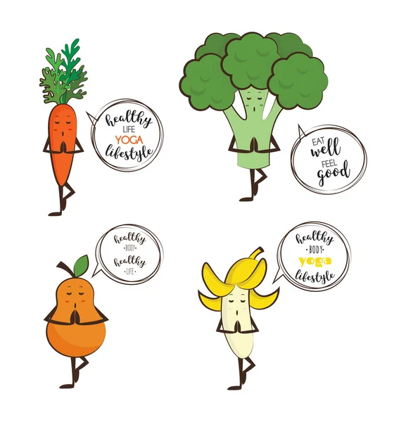 Süßes Obst und Gemüse beim Yoga mit Motivationszitaten. — Stockvektor