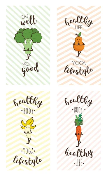 Set of cute posters of fruits and vegetables doing sport with inspiring quote — Stock Vector