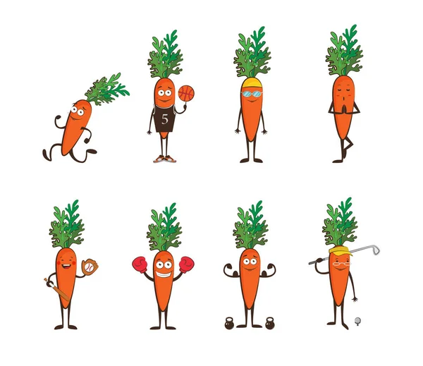 Ein Satz lustiger Karotten beim Sport. Zeichentrickvektorillustration isoliert auf weißem Hintergrund. niedliche und fokussierte Charaktere — Stockvektor