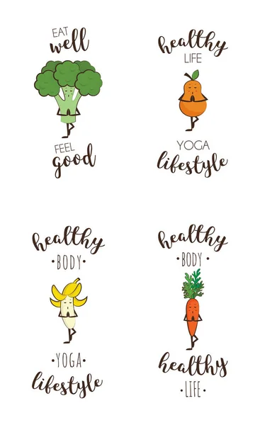 Set of cute fruits and vegetables doing sport with inspiring quote Vector Graphics