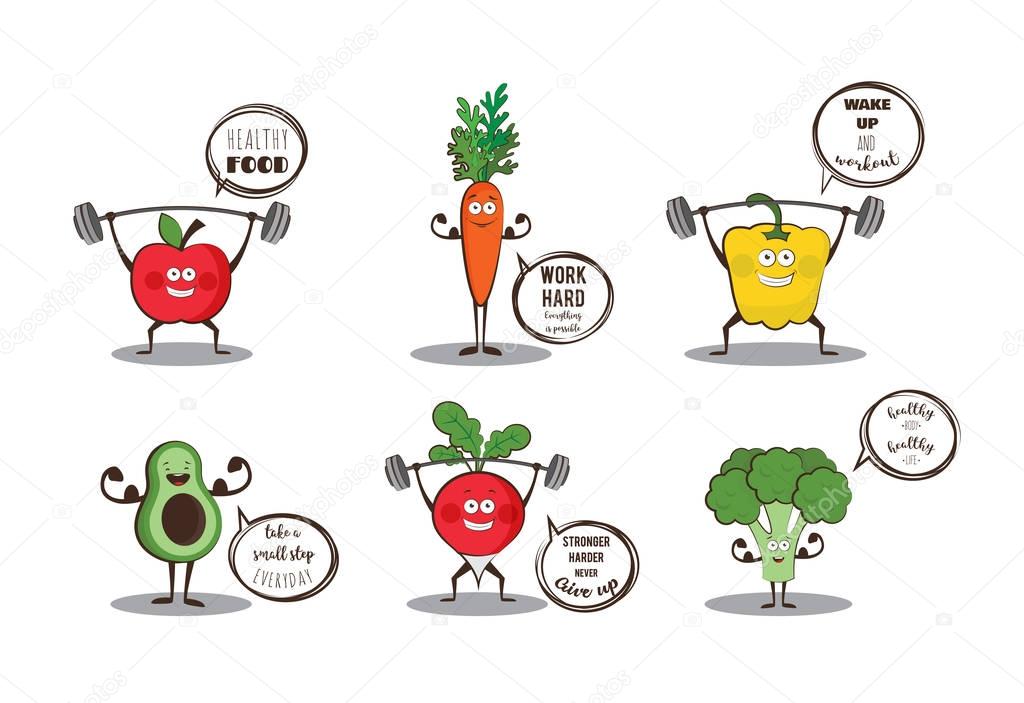 Set of cute fruits and vegetables doing sport with motivation quotes.