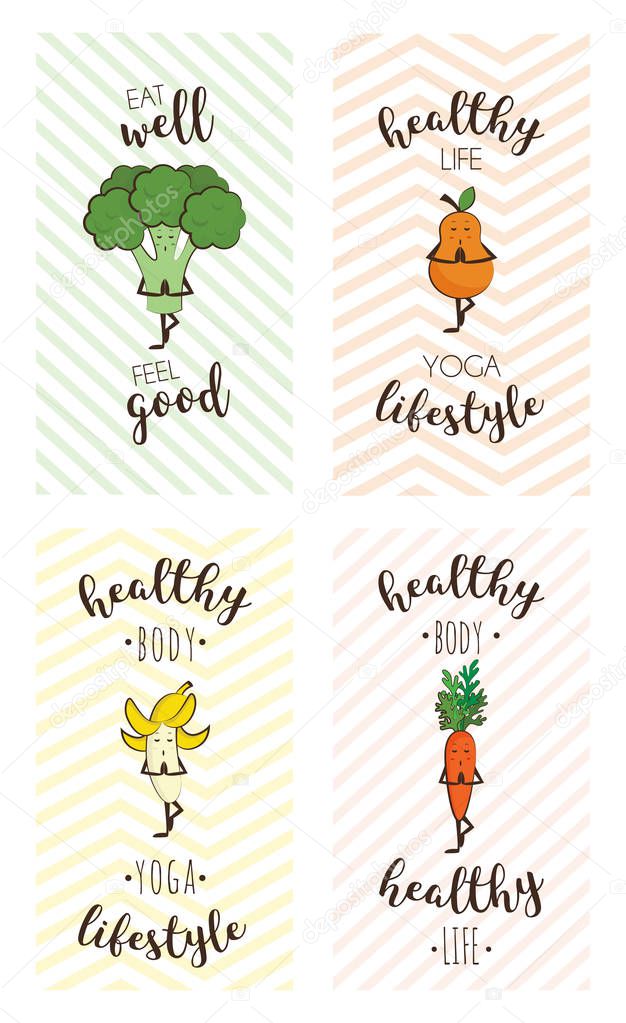Set of cute posters of fruits and vegetables doing sport with inspiring quote