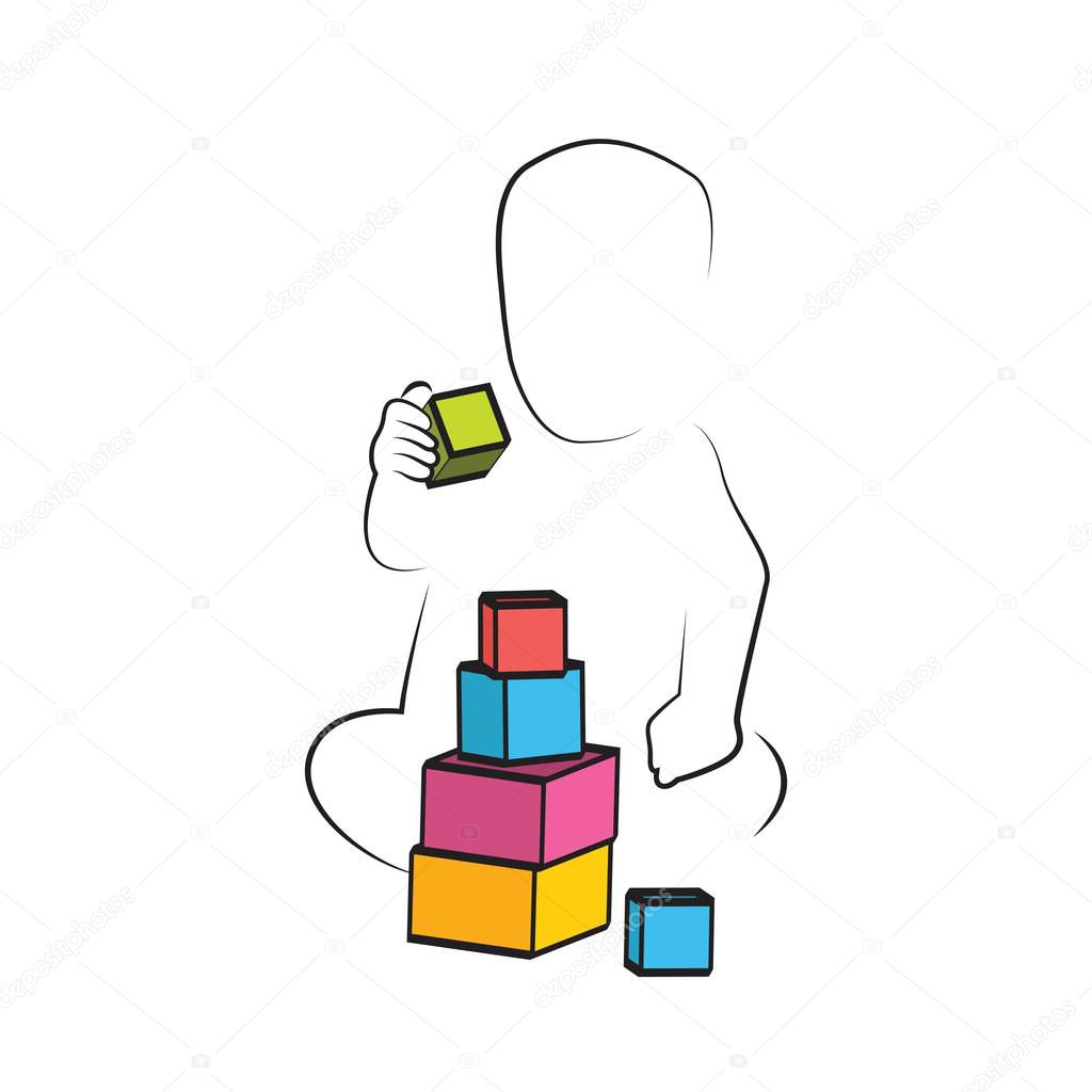 Kid Playing Toys Blocks, child development and educational games . kids intellectual growth and silhouettes of playing kid