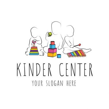 Çocuk bakım Caddesiile anaokulu için logo. Çocuk gelişimi ve eğitim oyunları. entelektüel gelişim ve çocuklar oynarken siluetleri çocuklar